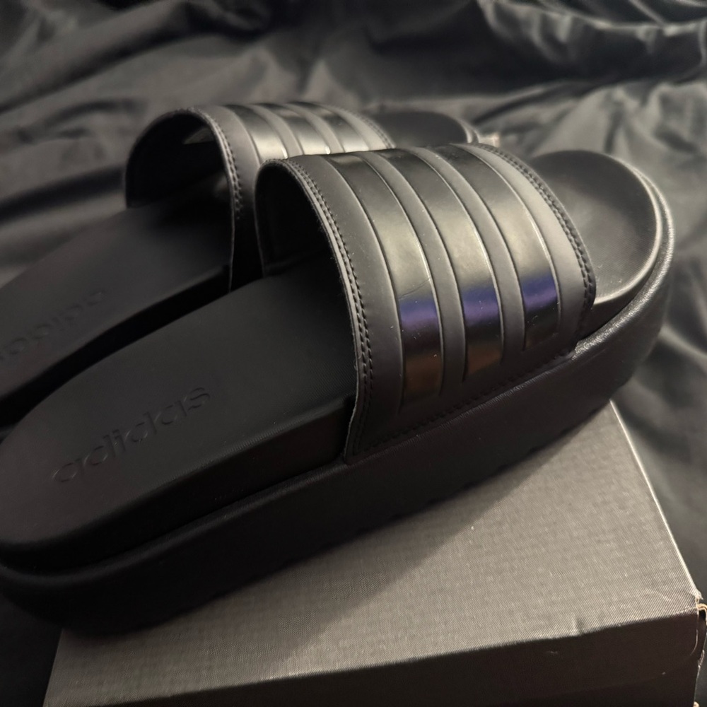 Adidas Black Slide Sandals with Metallic Straps